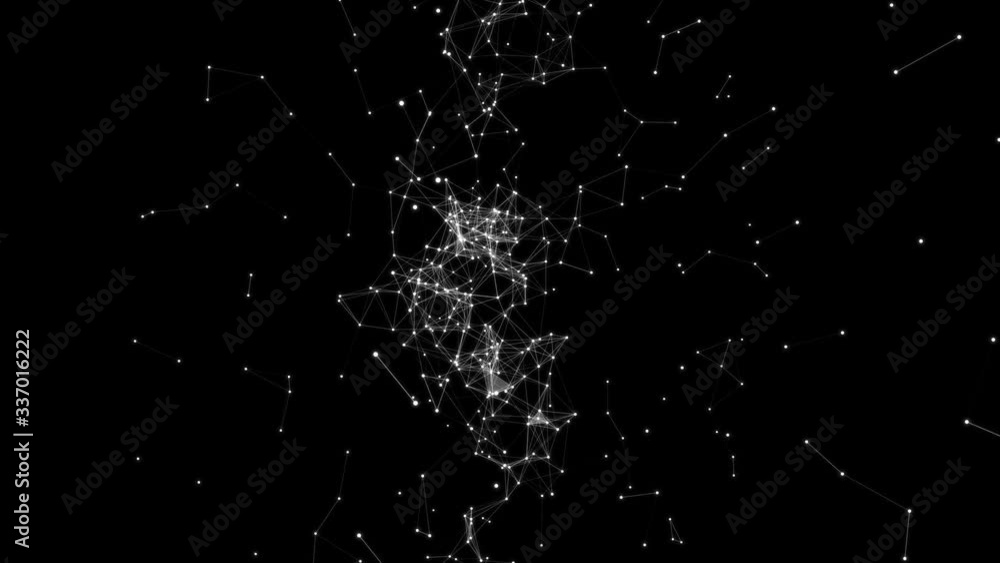Poster abstract white plexus structure evolving in motion at black background, depth of field.