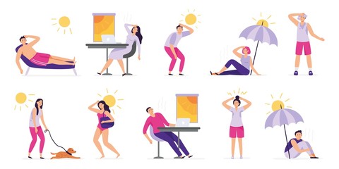 People suffer from heat. Sunstroke, summer hot weather and overheating. Sweaty people overheated in sun vector illustration set. Summer sunstroke, heatstroke and dehydration