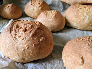 homemade freshly baked bread in rolls on a parchment sheet