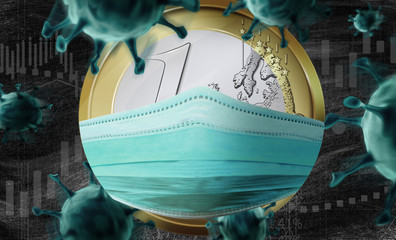 One euro with face mask. Coronavirus affects global stock market.