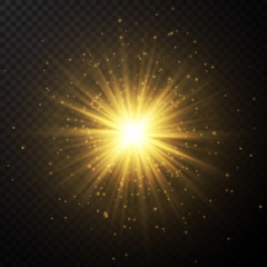 Glow light effect. Starburst with sparkles on dark transparent background. Vector illustration