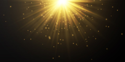 Glow light effect. Starburst with sparkles on dark transparent background. Vector illustration