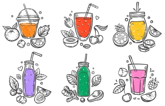 Sketch smoothie. Healthy superfood, glass of fruit and berries smoothies and slised natural fruits hand drawn vector illustration set. Smoothie fruit healthy, fresh drink diet, organic juice