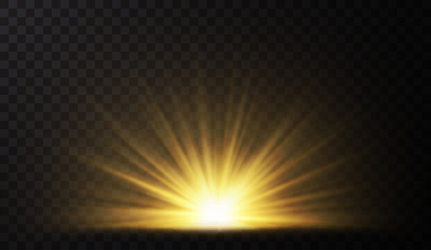 Sunrise. Glow light effect. Starburst with sparkles on dark transparent background. Vector illustration