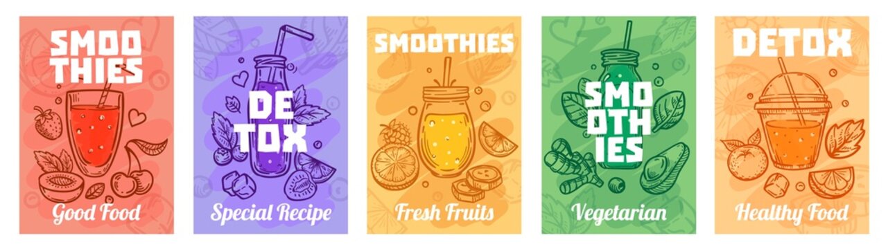 Detox smoothie poster. Good food smoothies, juices for healthy lifestyle and colorful fresh juices vector illustration set. Healthy fresh smoothie, glass detox, vegan beverage