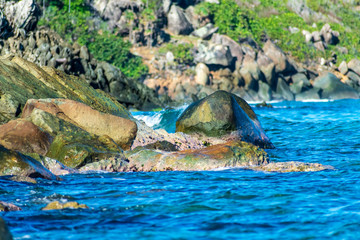 St. Thomas United States Virgin Islands, Royalty free Ocean background, Caribbean beach vacation, Rocky tropical coastline, Tranquil Ocean Landscape