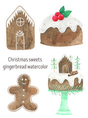 Christmas gingerbread watercolor, gingerbread house, gingerbread man, Christmas cupcake