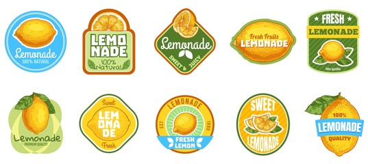 Lemonade label. Natural lemon juice, fresh fruits lemonades drinks badge and summer sweet beverage sticker vector set. Fruit summer beverage juice, citrus badge sticker illustration