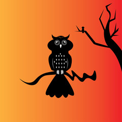 black owl illustration, tree, night. design vector