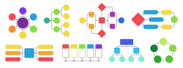 Flowchart diagram. Workflow flow charts, business structural infographics chart and flowing diagrams isolated vector set. Business hierarchy structure, diagram and flowchart organizational