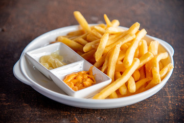 French Fries with Cheese Dip and Mayonnaise