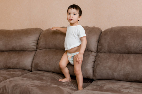 Toddler Boy Brunette Plays At Home on the Couch