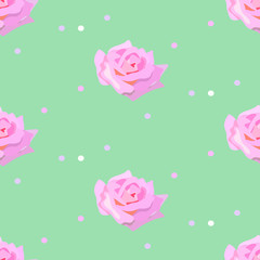 Seamless vector pattern with the image of a rose flower and colorful circles on a light green background. Perfect for scrapbooking or wrapping paper.