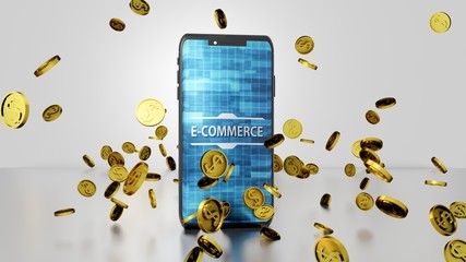 Fototapeta na wymiar 8K E-commerce 3D render Smartphone and Golden Dollar Coins Falling and Bouncing on the Floor with Abstract Digital Display on the Screen Ver.1