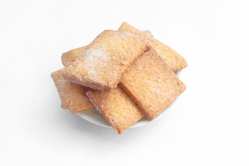 HANDMADE shortcrust pastry COOKIES WITH SUGAR ON A WHITE BACKGROUND