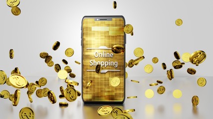 Fototapeta na wymiar 8K Online Shopping 3D render Smartphone and Golden Dollar Coins Falling and Bouncing on the Floor with Abstract Digital Display on the Screen Ver.1