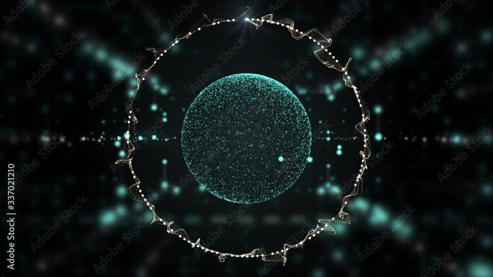Poster floating transparent globe with fiery shining circle round in magic dust corridor over dark backgrou