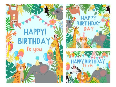 Cartoon happy birthday animals card. Congratulations cards with cute safari or jungle animals party in tropical forest vector illustration set. Congratulation card, happiness africa animals frame