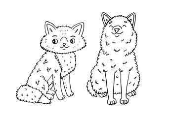Cute doodle forest animals: fox and wolf. The vector children's illustration set on white background.