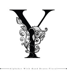 Alphabet Letter with Black and White Hand Drawn Floral Background