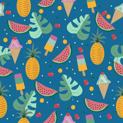 Summer fruits seamless pattern,on blue backgound.
Fashionable  textile print, wall paper, wrapping paper design.