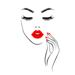 Beautiful girl face with red lips, lush eyelashes, hand with red manicure nails. Beauty Logo. Vector illustration