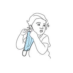 The child puts on a protective mask linear illustration. The child plays doctor. Disposable mask on the child