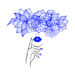 Beautiful woman face blue lips, hand with blue manicure nails. Beauty Logo. Vector illustration, diadem flowers, floral motive, abstract flowers, spa salon, sign, symbol, nails studio.