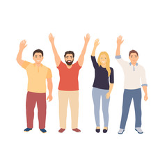 group of men and woman with their hands up voting. Volunteering. Hand drawn vector illustration