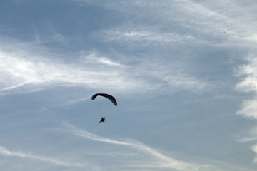 paraglider in the sky,flight, cloud, flying, blue,air, white, freedom, paragliding,parachute,fun