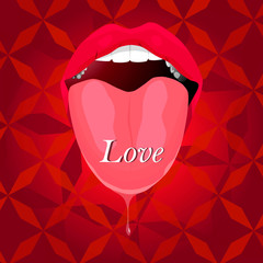 tongue out mouth. love. on red background