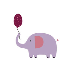 Beautiful hand drawn decorative color vector illustration. Cute pink elephant in the Scandinavian style of flat illustration. Design idea for children's t-shirts, postcards. Greeting card template