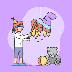 Birthday Party Celebration Concept. Birthday Boy Is Going To Broke Pinata By Bat With Blindfold. Happy Smiling Kid Is Celebrating The Holiday. Cartoon Linear Outline Flat Style. Vector Illustration