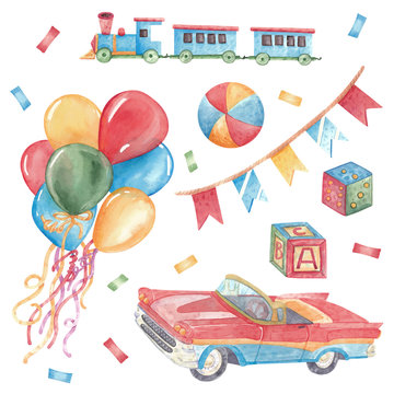 Hand-drawn set of watercolor illustrations on the theme of children's toys. A collection of images with balloons, a train, a toy car, etc. for scrapbooking, stickers, design, decorations.
