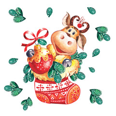 Naklejka premium Year of the bull. Funny Cow. Merry Christmas and New Year card. hand drawn watercolor farm animal illustration.