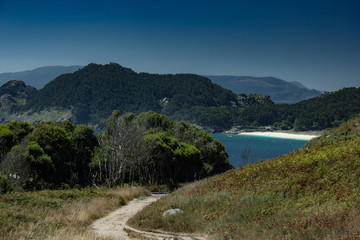 Cies Islands in the North of Spain in summer with clear skies