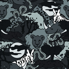 Seamless vector pattern with safari animals on grey background. African hand drawn wallpaper design for children. 