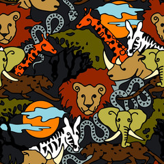 Seamless vector pattern with safari animal on dark background. Cute African animal wallpaper design for children. Hand drawn jungle fashion, textile.