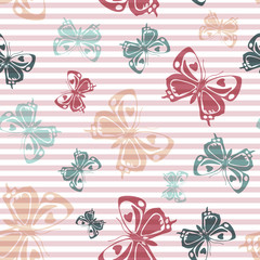 Flying butterfly silhouettes over striped background vector seamless pattern.