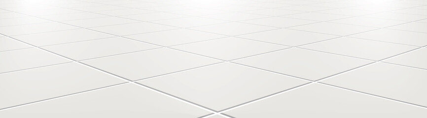 Ceramic tiles in the kitchen or bathroom on the floor 3d. Realistic white square terracotta. Perspective and light - vector illustration.