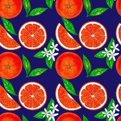 Orange fruit with leaves, flowers. Seamless pattern design for fabric, packaging, paper, wallpaper, textile.