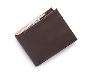 Top view of isolated genuine leather brown with many banknotes on white background. Cash concept and clipping path photo.