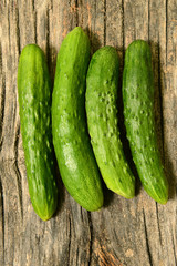 Several large fresh cucumbers on a wooden table. The texture of green vegetables.