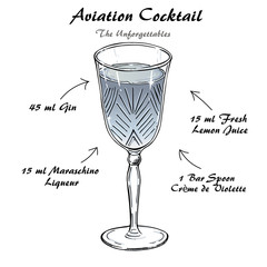 Cocktail Aviation recipe vector , low-alcohol sketch