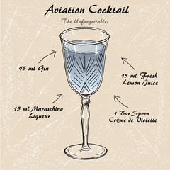 Cocktail Aviation recipe vector , low-alcohol sketch