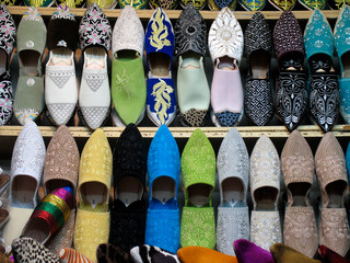 Morocco. Typical moroccan shoes in a shoes shop