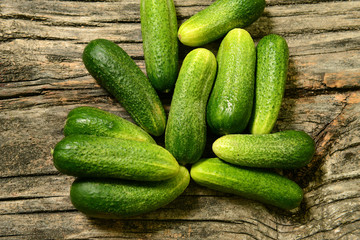 Fresh cucumbers lie together on a wooden table. The texture of green vegetables.