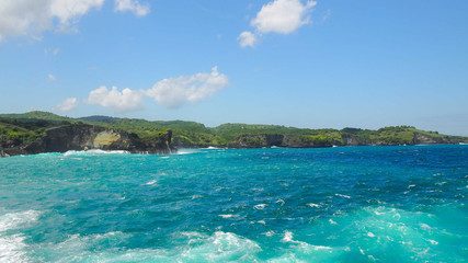 Blue lagoon on the island of Penida in Indonesia, the rocks and the ocean, Scenic landscape