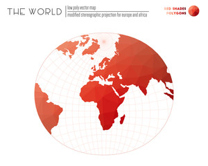 Low poly design of the world. Modified stereographic projection for Europe and Africa of the world. Red Shades colored polygons. Trending vector illustration.