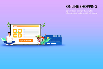 Concept of online shopping, young man searching to find a new pant on his laptop that place near supermarket basket and credit card in pastel color background.